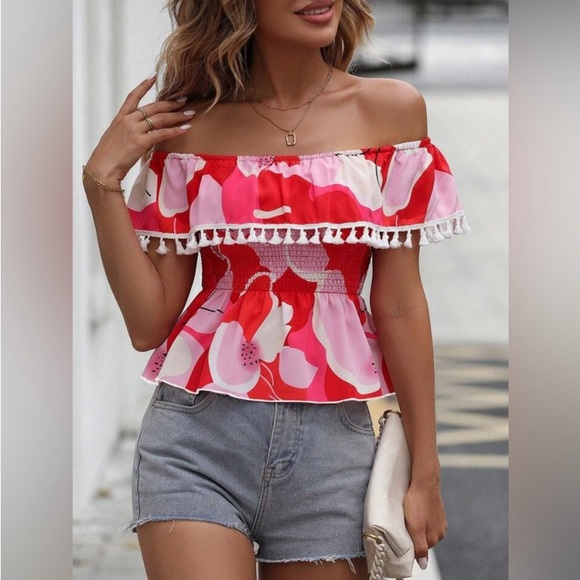 FLORAL OFF SHOULDER TASSEL TRIM PEPLUM BLOUSE - Picture 1 of 5